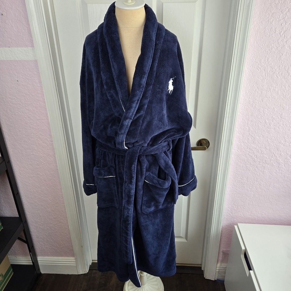 Polo Ralph Lauren Big Pony Plush Microfiber Bathrobe O/S Navy Blue Robe